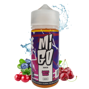 Juice freebase para vape com sabor de cereja, groselha e blueberry com ice!