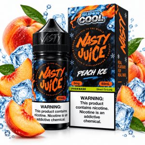LÍQUIDO PEACH ICE SUPER da Nasty: pêssego suculento, frescor intenso, vaporização equilibrada e experiência marcante. Garanta o seu!
